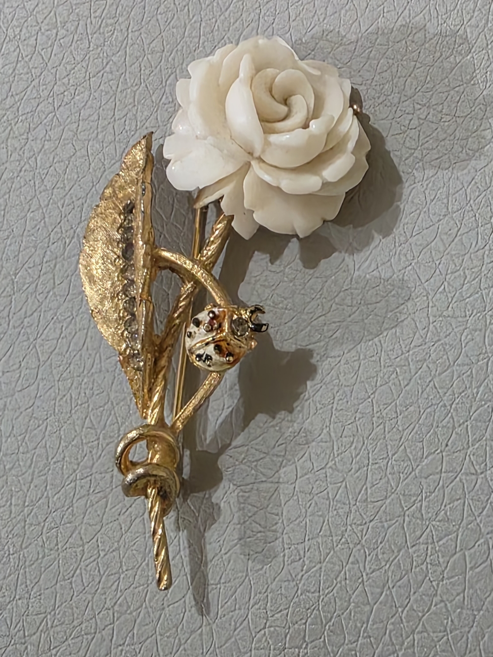 Vintage BSK White Rose Brooch Gold Tone Ladybug Floral Pin